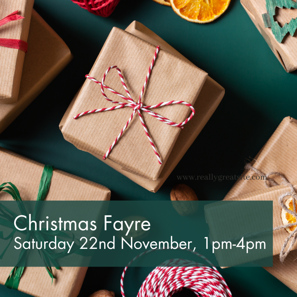 Brown paper wrapped presents with ribbons on a dark green background Text reads: “MESSY CHURCH — Saturday 13th December, time TBC.”